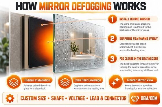 Grafen Mirror Defogger Heating Pad, Custom Shape Size Voltage, Flexible Film dla lusterek w łazience