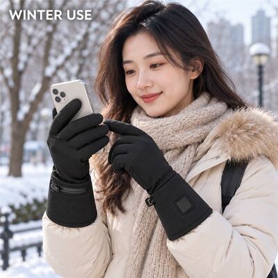 Graphene Heated Gloves, Black Winter Gloves with Cuff Control Patch and Zippered Battery Pocket, Long Cuff, Custom Size Color Private Label and Packaging for OEM ODM Projects