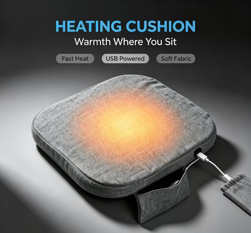 OEM ODM Graphene USB Heated Seat Cushion, Custom Logo Custom Size Custom Color, Linen Cotton Heating Chair Pad with Power Bank Pocket, 3‑Speed Temperature Control for Car Office Home
