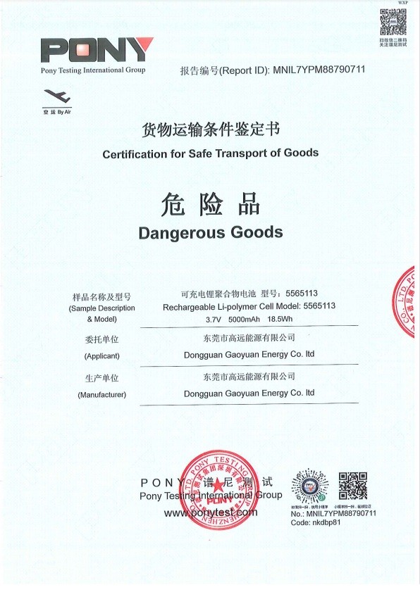 Chiny Dongguan Gaoyuan Energy Co., Ltd Certyfikaty